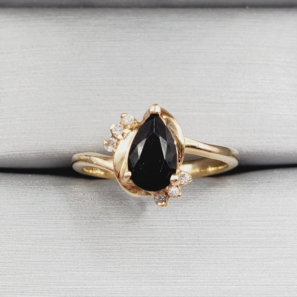 14k Solid Yellow Gold Pear Shaped Onyx & Genuine Round Diamond Ring - Picture 8 of 8